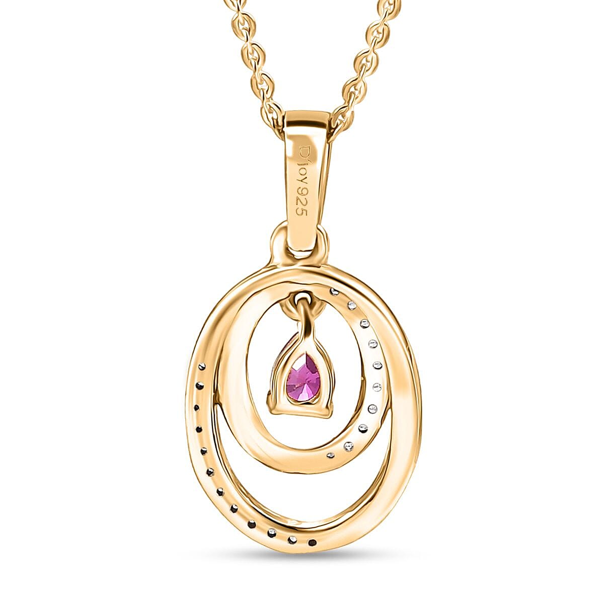 Natural Unheated Ruby & White Zircon Pendant with Chain (Size 20) in 18K Vermeil Yellow Gold Plated Sterling Silver
