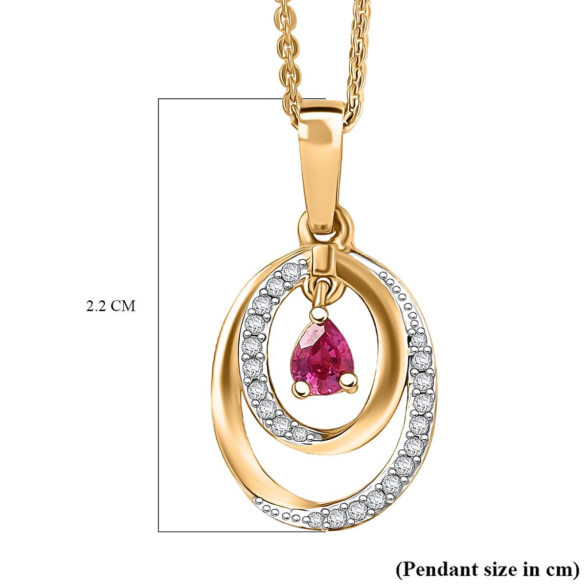 Natural Unheated Ruby & White Zircon Pendant with Chain (Size 20) in 18K Vermeil Yellow Gold Plated Sterling Silver