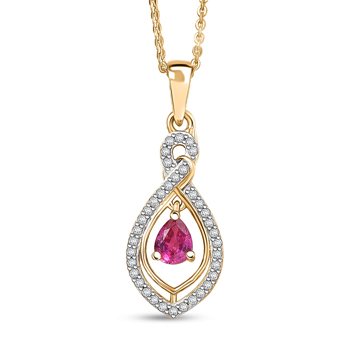 Natural Unheated Ruby & White Zircon Pendant with Chain (Size 20) in 18K Vermeil Yellow Gold Plated Sterling Silver