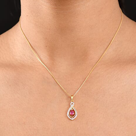 Ruby & White Zircon Pendant with Chain (Size 20) in 18K Vermeil Yellow Gold Plated Sterling Silver