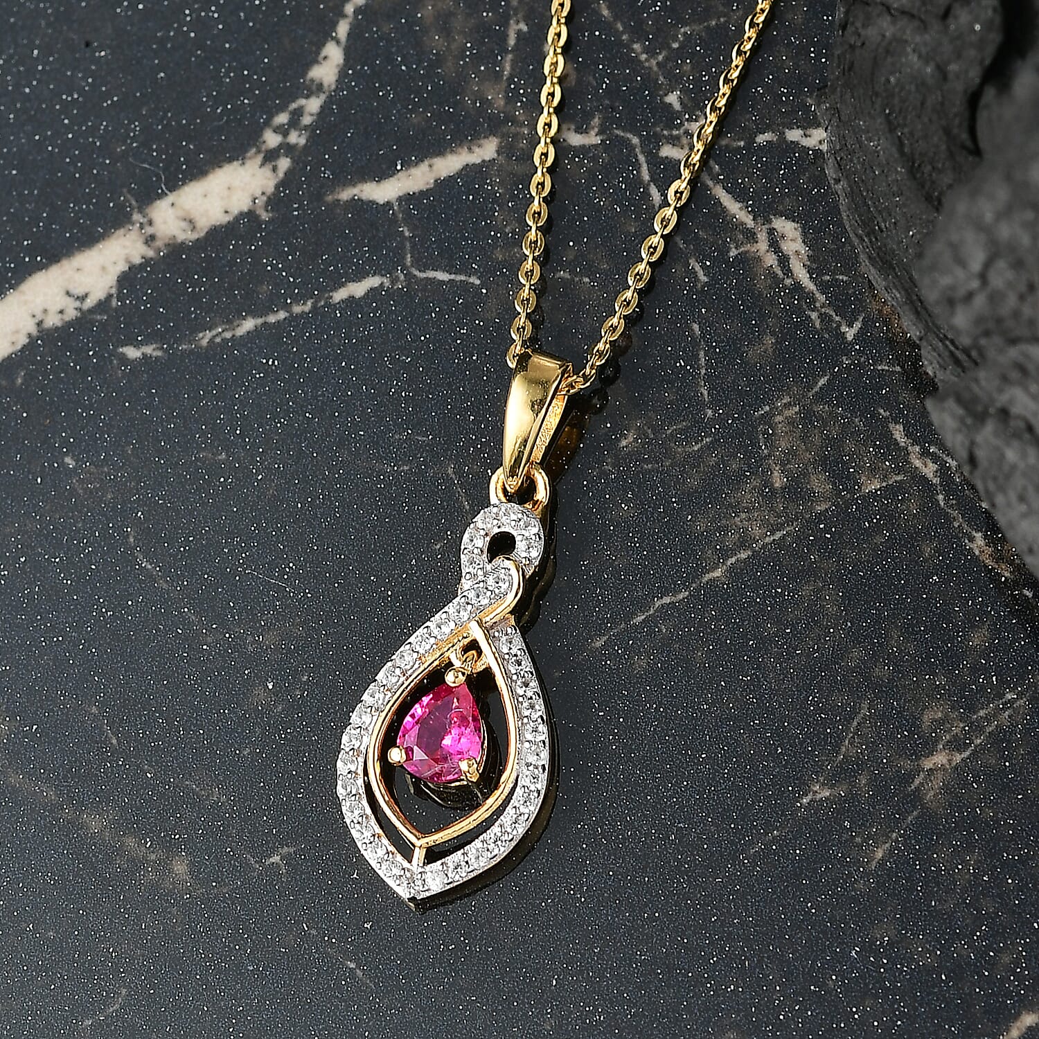Natural Unheated Ruby & White Zircon Pendant with Chain (Size 20) in 18K Vermeil Yellow Gold Plated Sterling Silver
