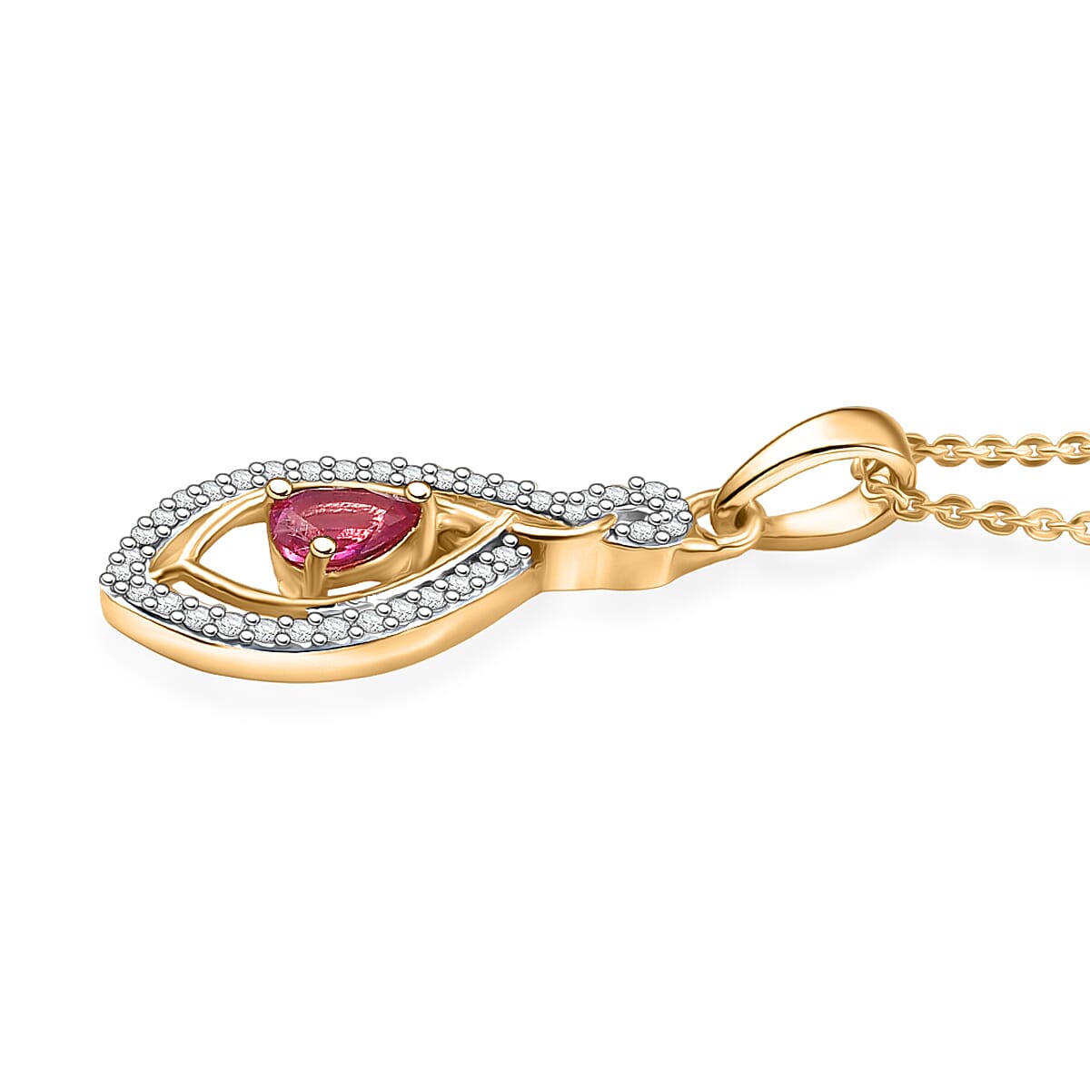 Natural Unheated Ruby & White Zircon Pendant with Chain (Size 20) in 18K Vermeil Yellow Gold Plated Sterling Silver