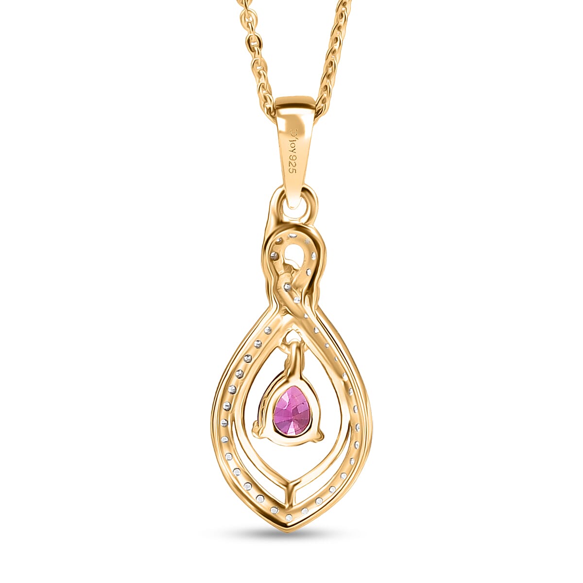 Natural Unheated Ruby & White Zircon Pendant with Chain (Size 20) in 18K Vermeil Yellow Gold Plated Sterling Silver