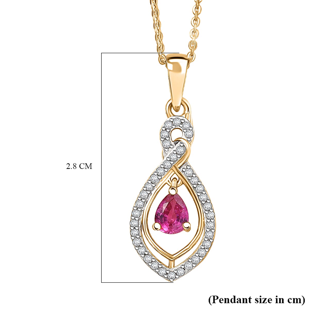Natural Unheated Ruby & White Zircon Pendant with Chain (Size 20) in 18K Vermeil Yellow Gold Plated Sterling Silver