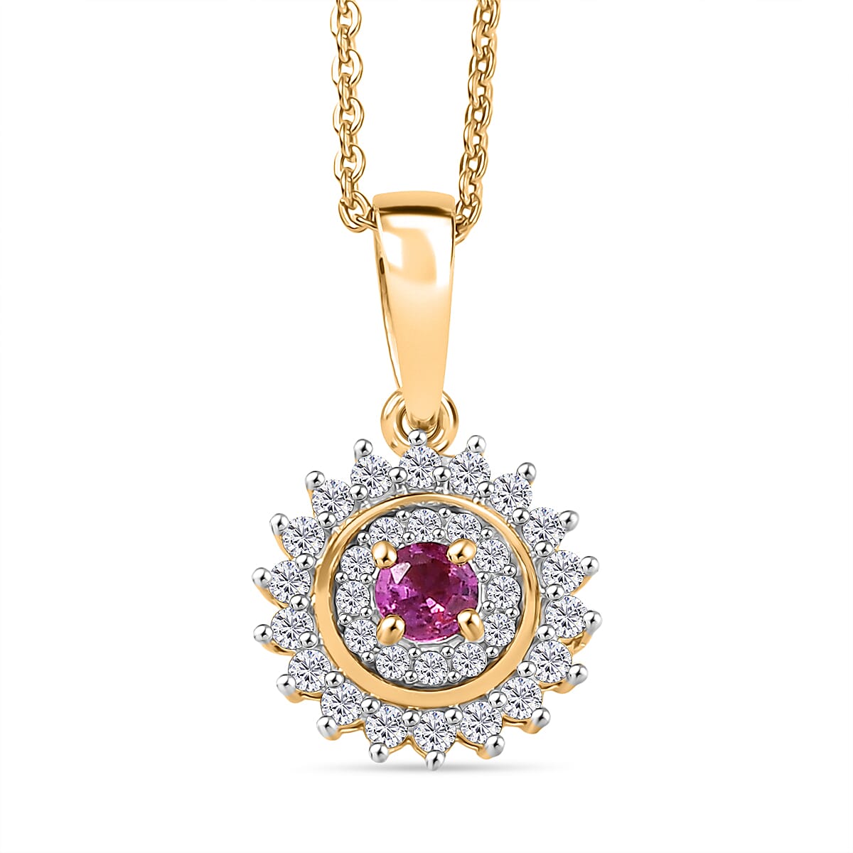 Natural Unheated Ruby & White Zircon Pendant with Chain (Size 20) in 18K Vermeil Yellow Gold Plated Sterling Silver