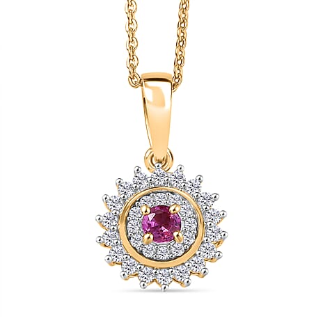 Ruby & White Zircon Pendant with Chain (Size 20) in 18K Vermeil Yellow Gold Plated Sterling Silver