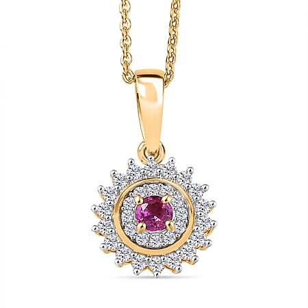 Natural Unheated Ruby & White Zircon Pendant with Chain (Size 20) in 18K Vermeil Yellow Gold Plated Sterling Silver Natural Unheated Ruby & White Zircon Pendant with Chain (Size 20) in 18K Vermeil Yellow Gold Plated Sterling Silver
