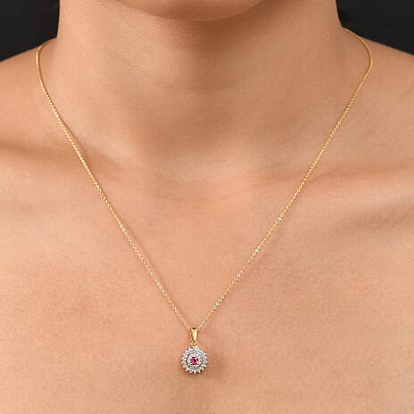 Ruby & White Zircon Pendant with Chain (Size 20) in 18K Vermeil Yellow Gold Plated Sterling Silver