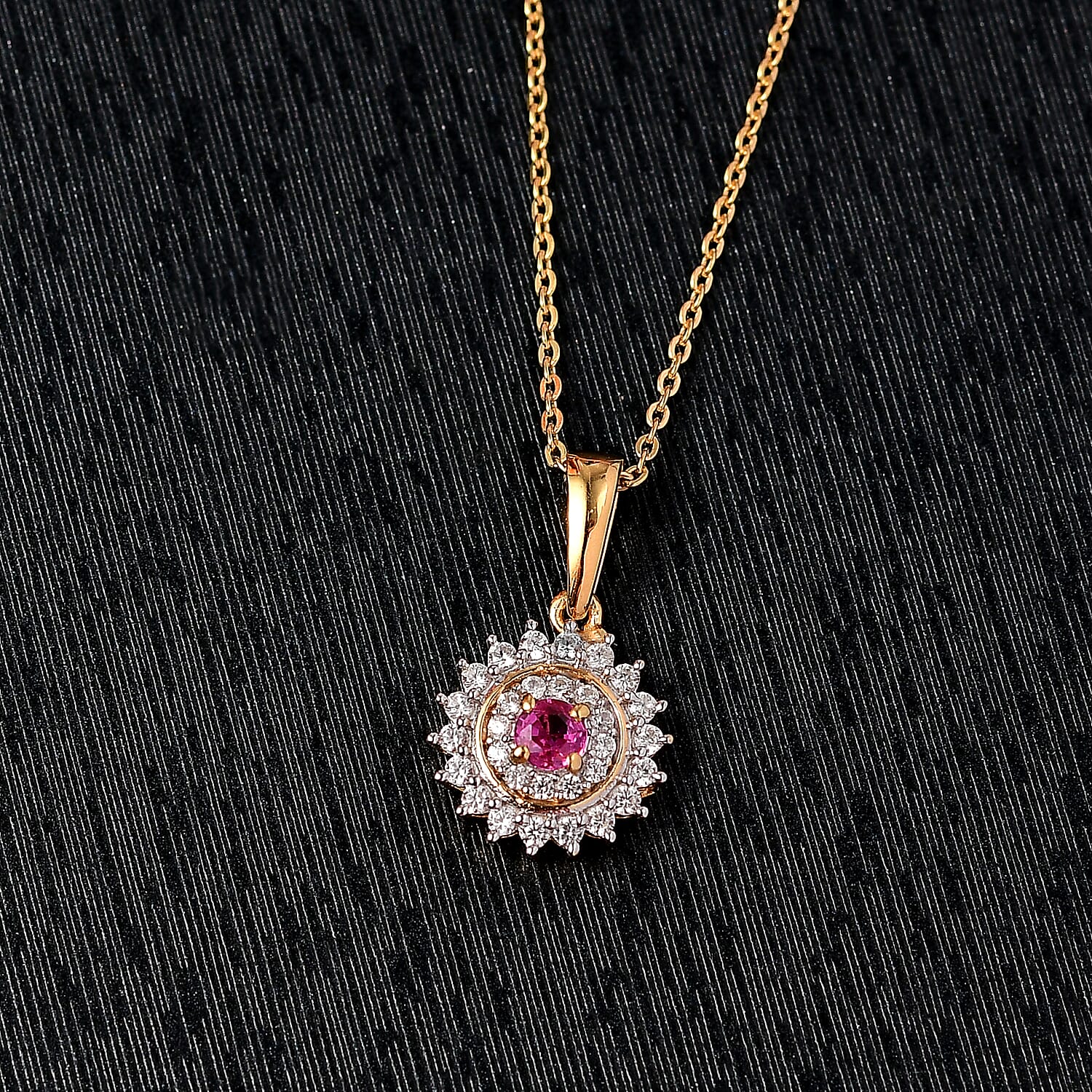 Natural Unheated Ruby & White Zircon Pendant with Chain (Size 20) in 18K Vermeil Yellow Gold Plated Sterling Silver