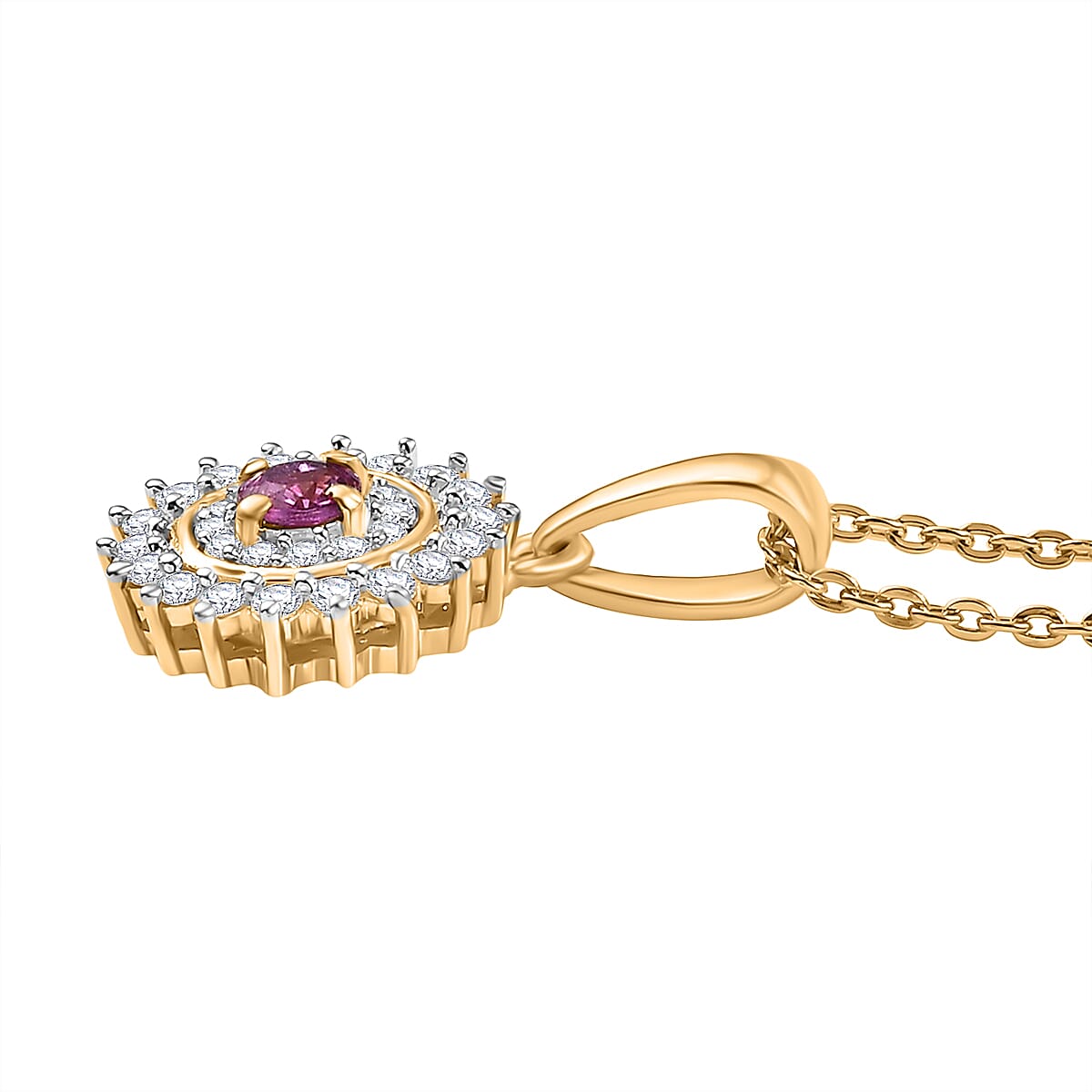 Natural Unheated Ruby & White Zircon Pendant with Chain (Size 20) in 18K Vermeil Yellow Gold Plated Sterling Silver