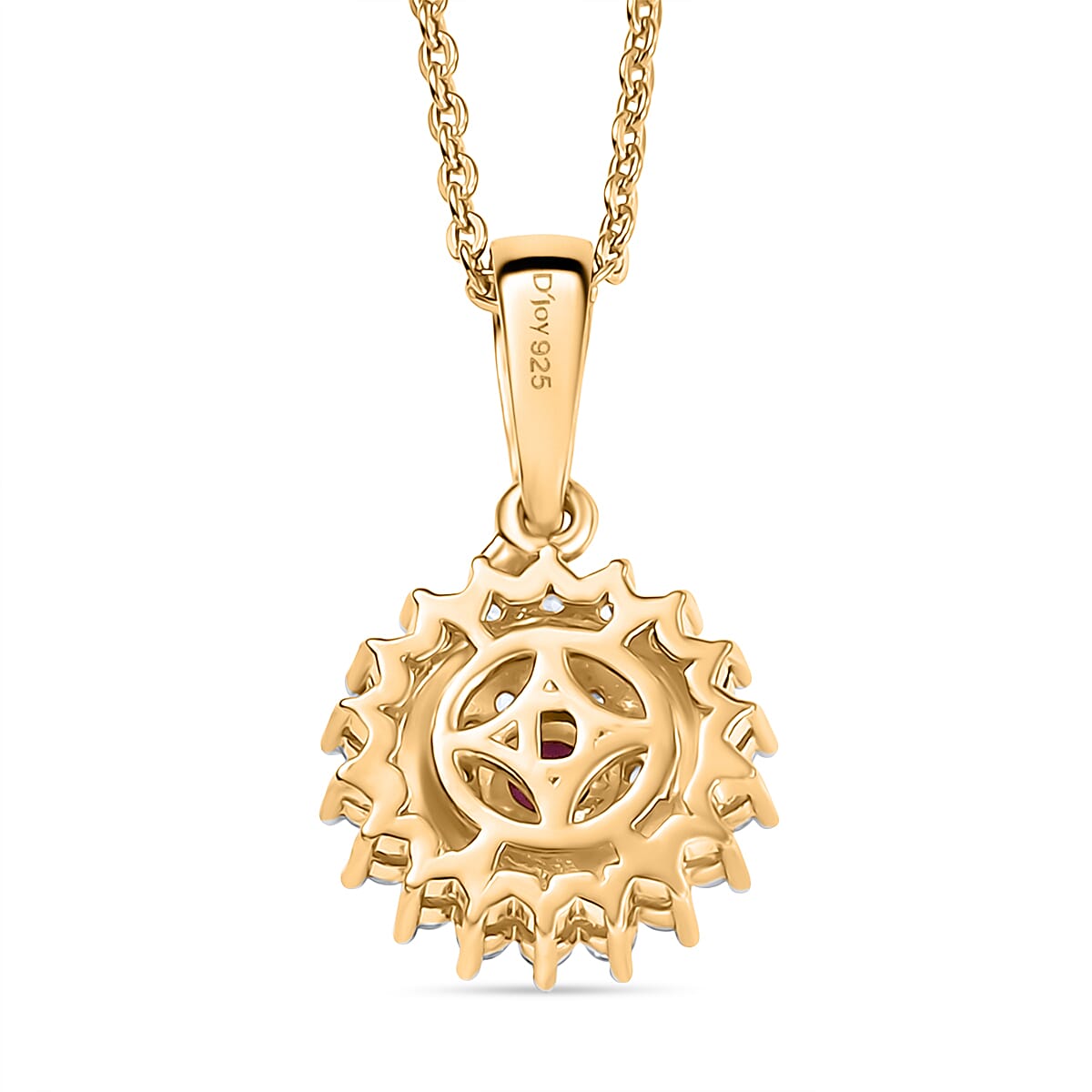 Natural Unheated Ruby & White Zircon Pendant with Chain (Size 20) in 18K Vermeil Yellow Gold Plated Sterling Silver
