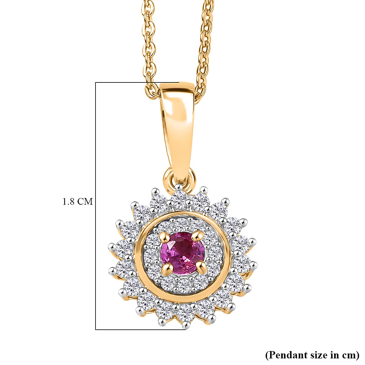 Natural Unheated Ruby & White Zircon Pendant with Chain (Size 20) in 18K Vermeil Yellow Gold Plated Sterling Silver