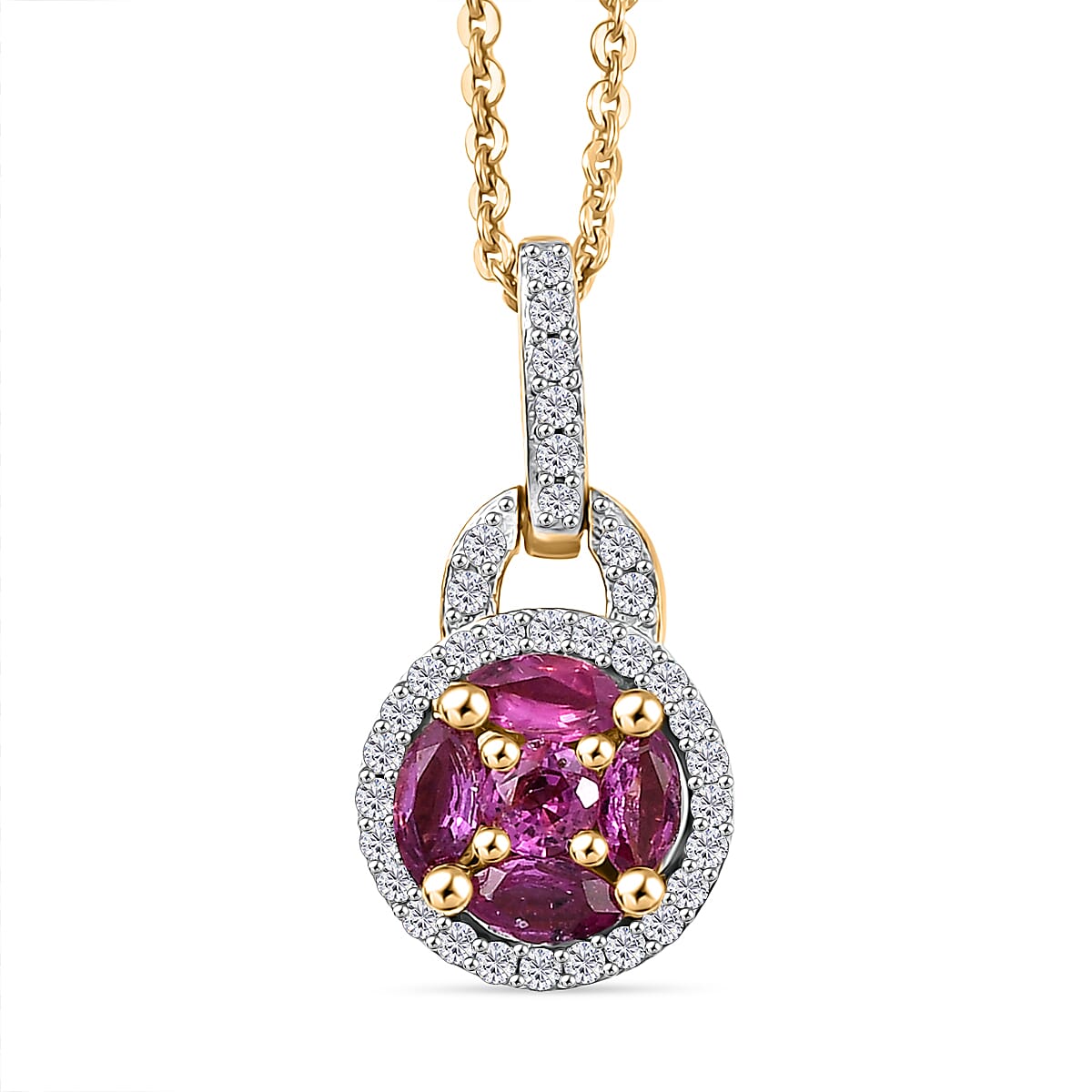 Natural Unheated Ruby & White Zircon Pendant with Chain (Size 20) in 18K Vermeil Yellow Gold Plated Sterling Silver