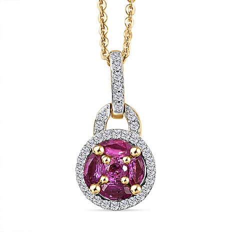 Ruby & White Zircon Pendant with Chain (Size 20) in 18K Vermeil Yellow Gold Plated Sterling Silver
