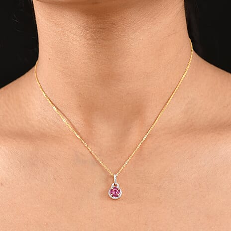 Ruby & White Zircon Pendant with Chain (Size 20) in 18K Vermeil Yellow Gold Plated Sterling Silver