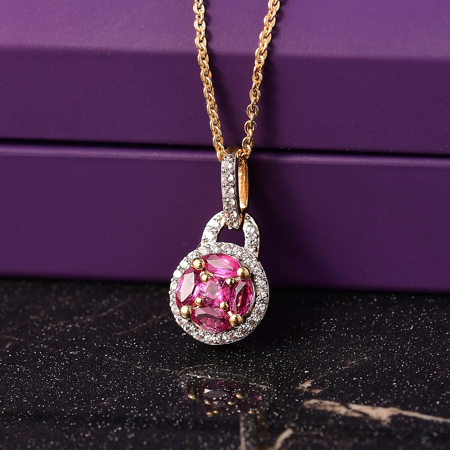 Natural Unheated Ruby & White Zircon Pendant with Chain (Size 20) in 18K Vermeil Yellow Gold Plated Sterling Silver