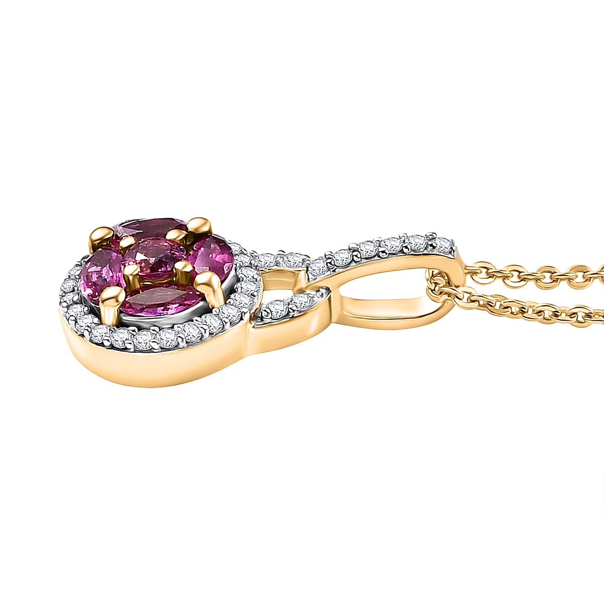 Natural Unheated Ruby & White Zircon Pendant with Chain (Size 20) in 18K Vermeil Yellow Gold Plated Sterling Silver