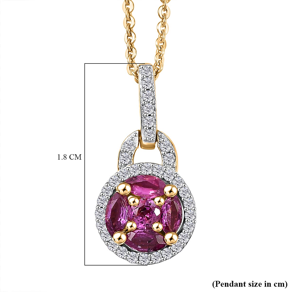 Natural Unheated Ruby & White Zircon Pendant with Chain (Size 20) in 18K Vermeil Yellow Gold Plated Sterling Silver