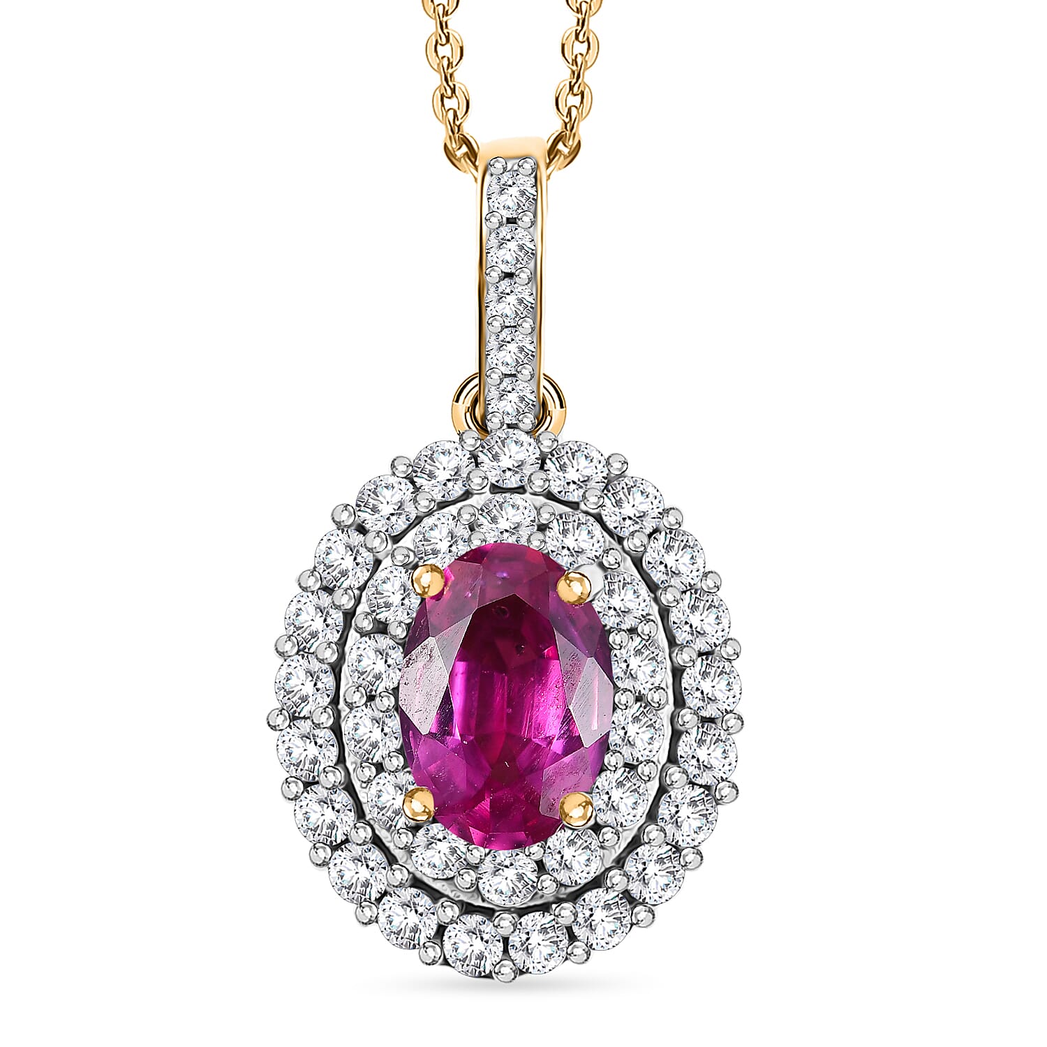 Ruby & White Zircon Pendant with Chain (Size 20) in 18K Vermeil Yellow Gold Plated Sterling Silver