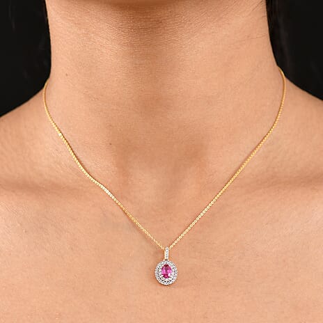 Ruby & White Zircon Pendant with Chain (Size 20) in 18K Vermeil Yellow Gold Plated Sterling Silver
