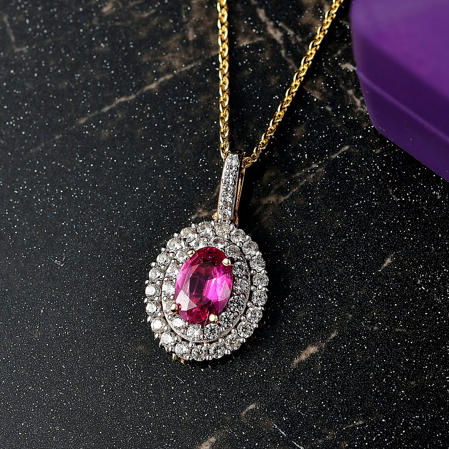 Ruby & White Zircon Pendant with Chain (Size 20) in 18K Vermeil Yellow Gold Plated Sterling Silver