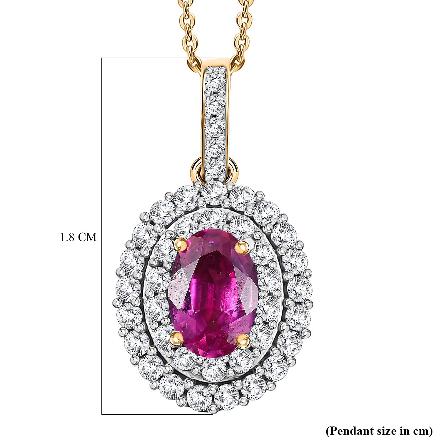 Ruby & White Zircon Pendant with Chain (Size 20) in 18K Vermeil Yellow Gold Plated Sterling Silver