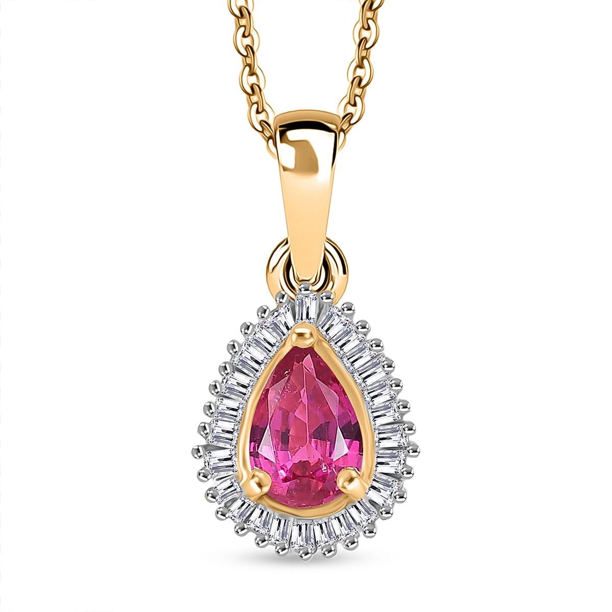 Natural Unheated Ruby & White Zircon Pendant with Chain (Size 20) in 18K Vermeil Yellow Gold Plated Sterling Silver