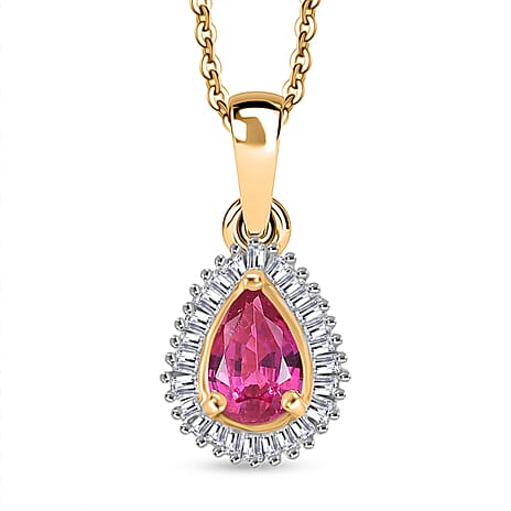 Ruby & White Zircon Pendant with Chain (Size 20) in 18K Vermeil Yellow Gold Plated Sterling Silver