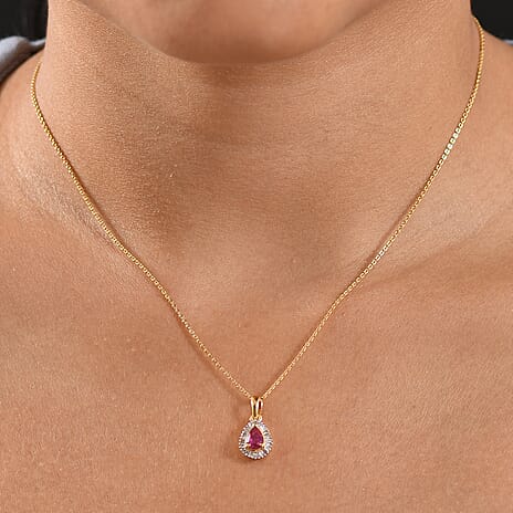 Ruby & White Zircon Pendant with Chain (Size 20) in 18K Vermeil Yellow Gold Plated Sterling Silver