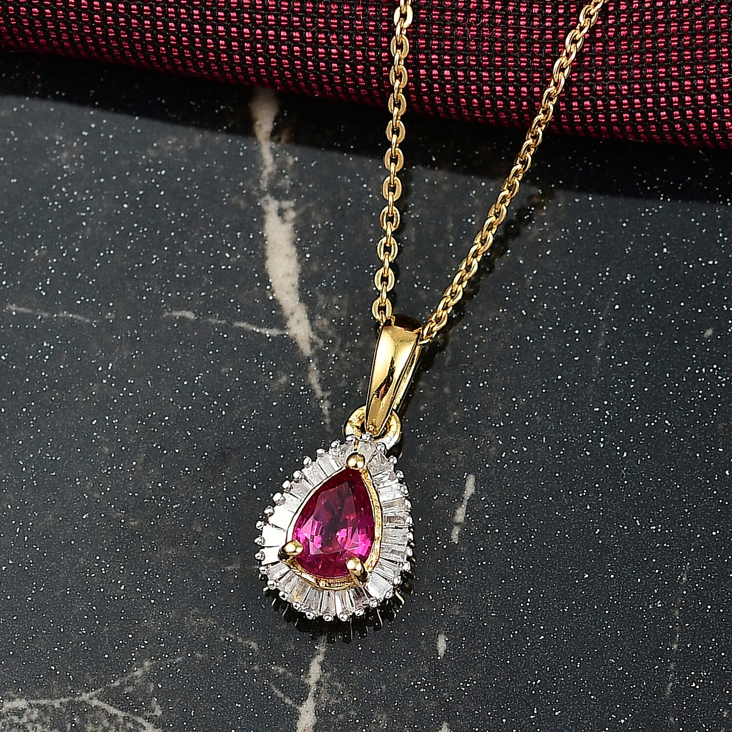 Natural Unheated Ruby & White Zircon Pendant with Chain (Size 20) in 18K Vermeil Yellow Gold Plated Sterling Silver
