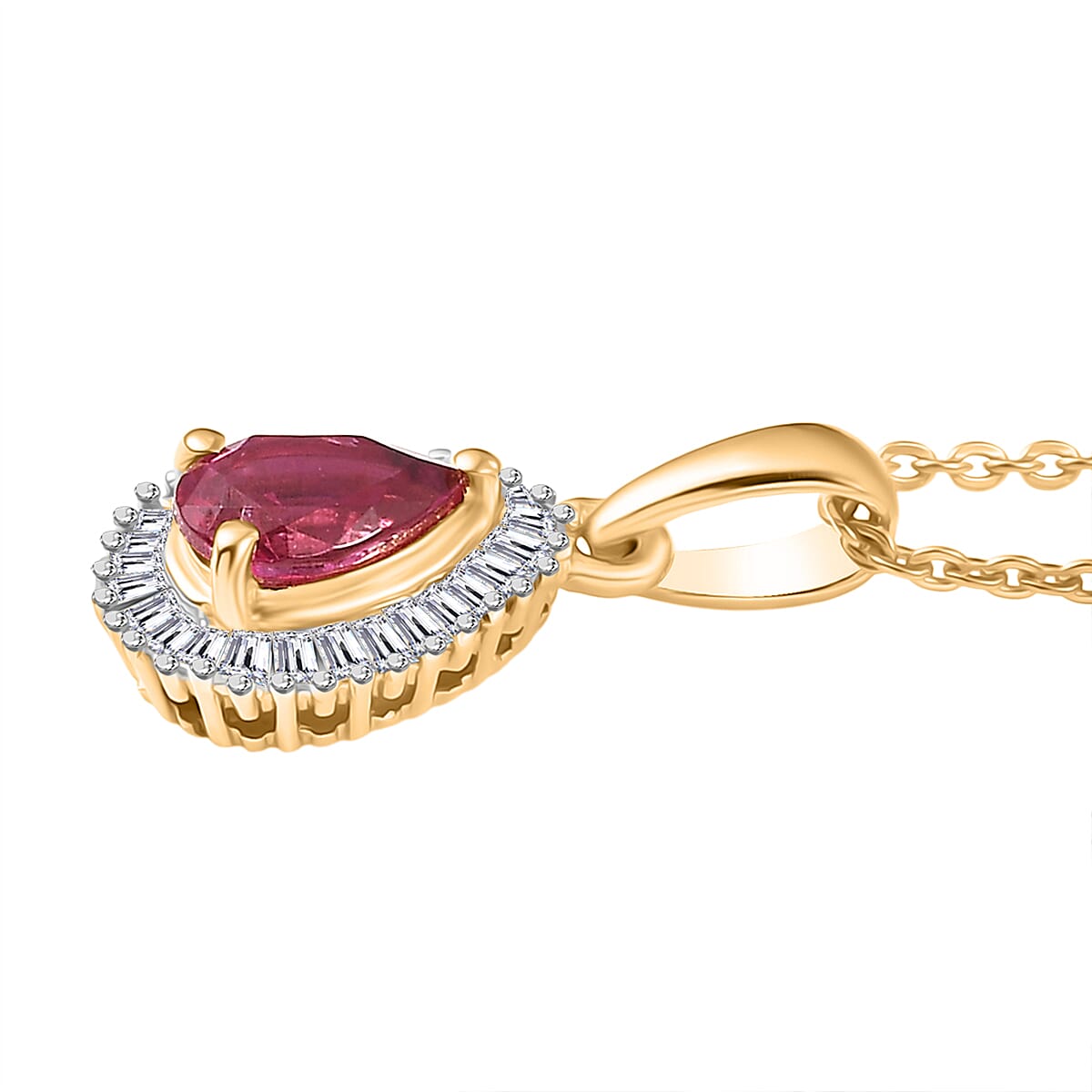Natural Unheated Ruby & White Zircon Pendant with Chain (Size 20) in 18K Vermeil Yellow Gold Plated Sterling Silver