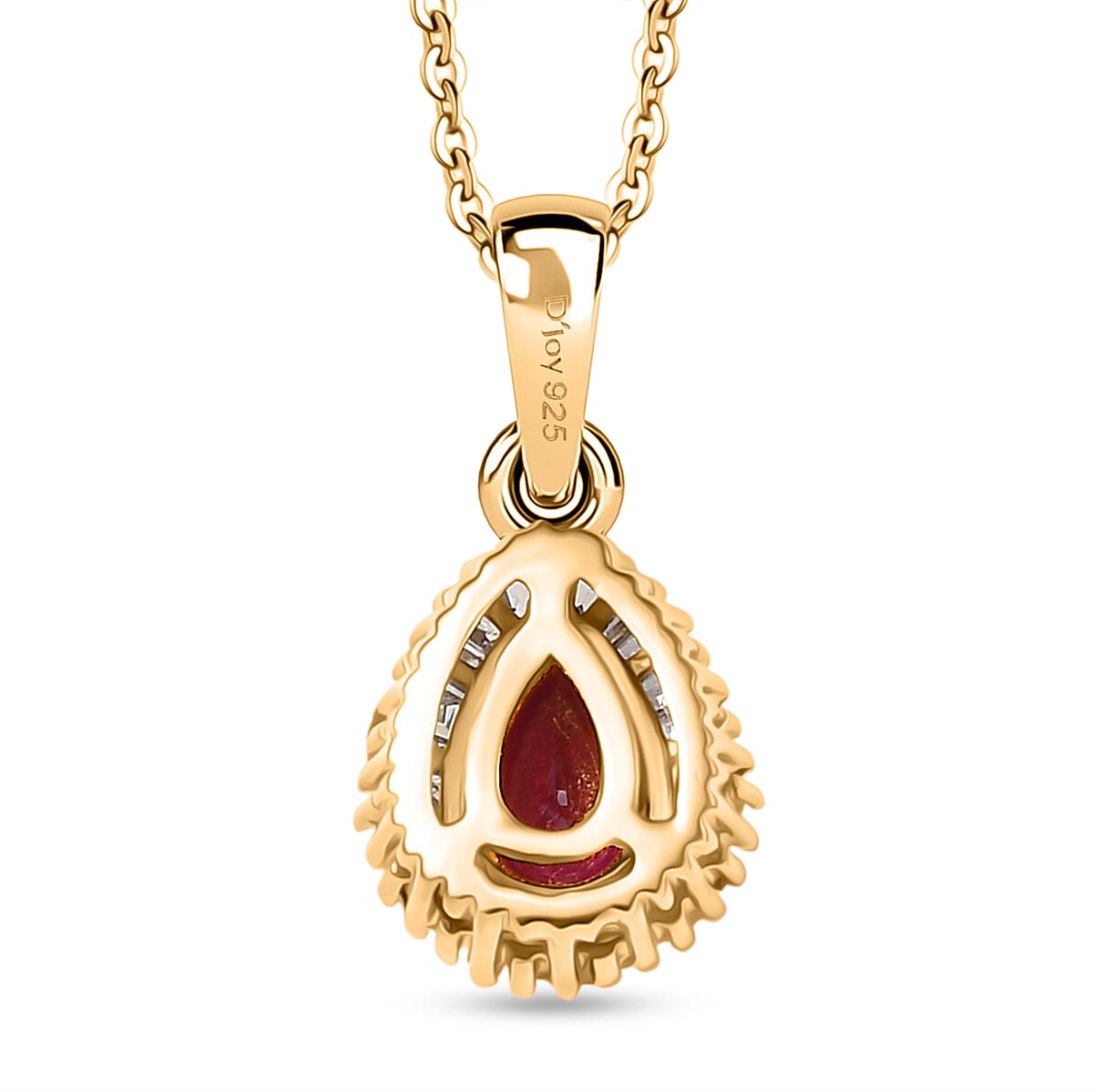 Natural Unheated Ruby & White Zircon Pendant with Chain (Size 20) in 18K Vermeil Yellow Gold Plated Sterling Silver