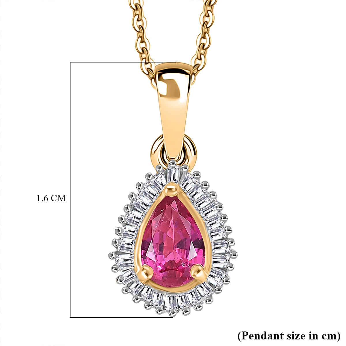 Natural Unheated Ruby & White Zircon Pendant with Chain (Size 20) in 18K Vermeil Yellow Gold Plated Sterling Silver