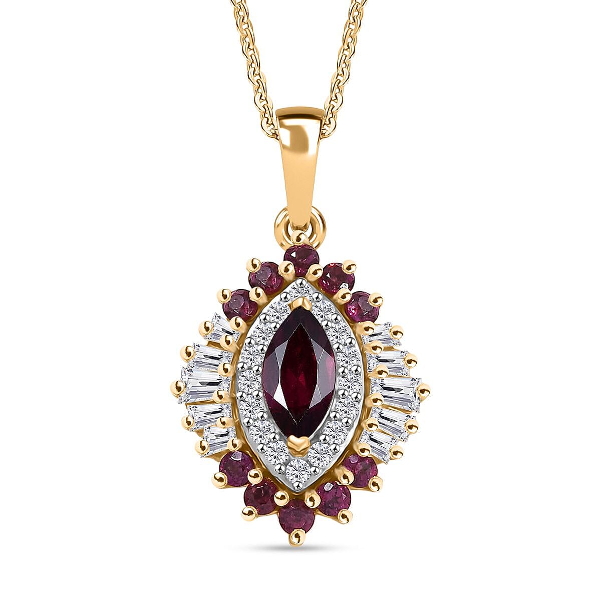 Rhodolite Garnet & Moissanite Pendant with Chain (Size 20) in 18K Vermeil Yellow Gold Plated Sterling Silver 1.77 Ct.