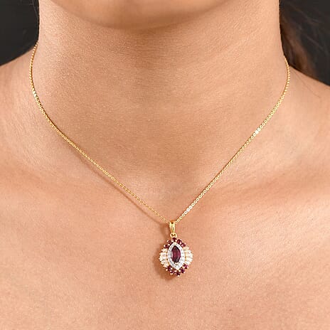 Rhodolite Garnet & Moissanite Pendant with Chain (Size 20) in 18K Vermeil Yellow Gold Plated Sterling Silver 1.77 Ct.