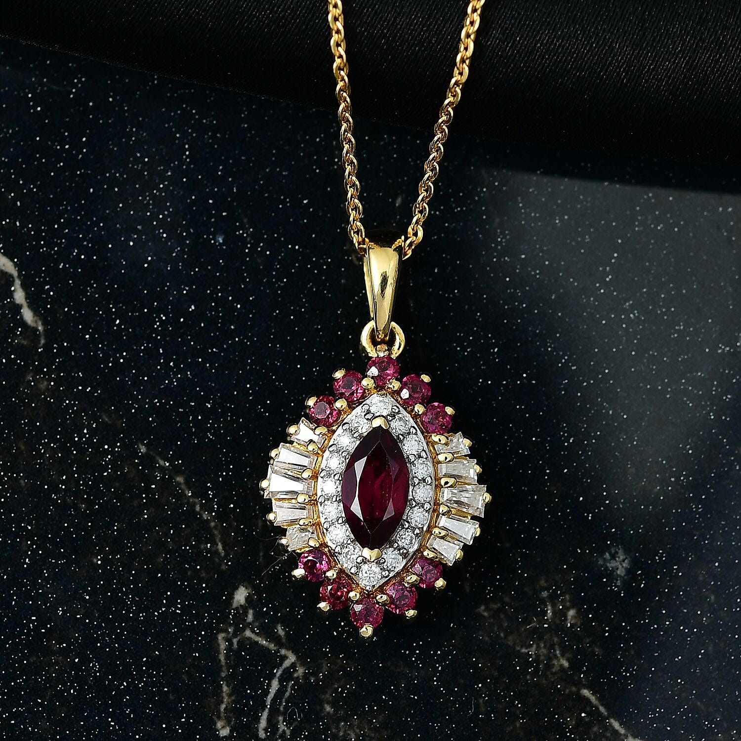 Rhodolite Garnet & Moissanite Pendant with Chain (Size 20) in 18K Vermeil Yellow Gold Plated Sterling Silver 1.77 Ct.