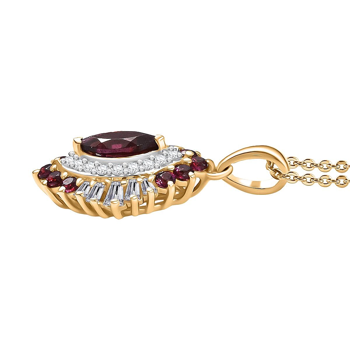 Rhodolite Garnet & Moissanite Pendant with Chain (Size 20) in 18K Vermeil Yellow Gold Plated Sterling Silver 1.77 Ct.