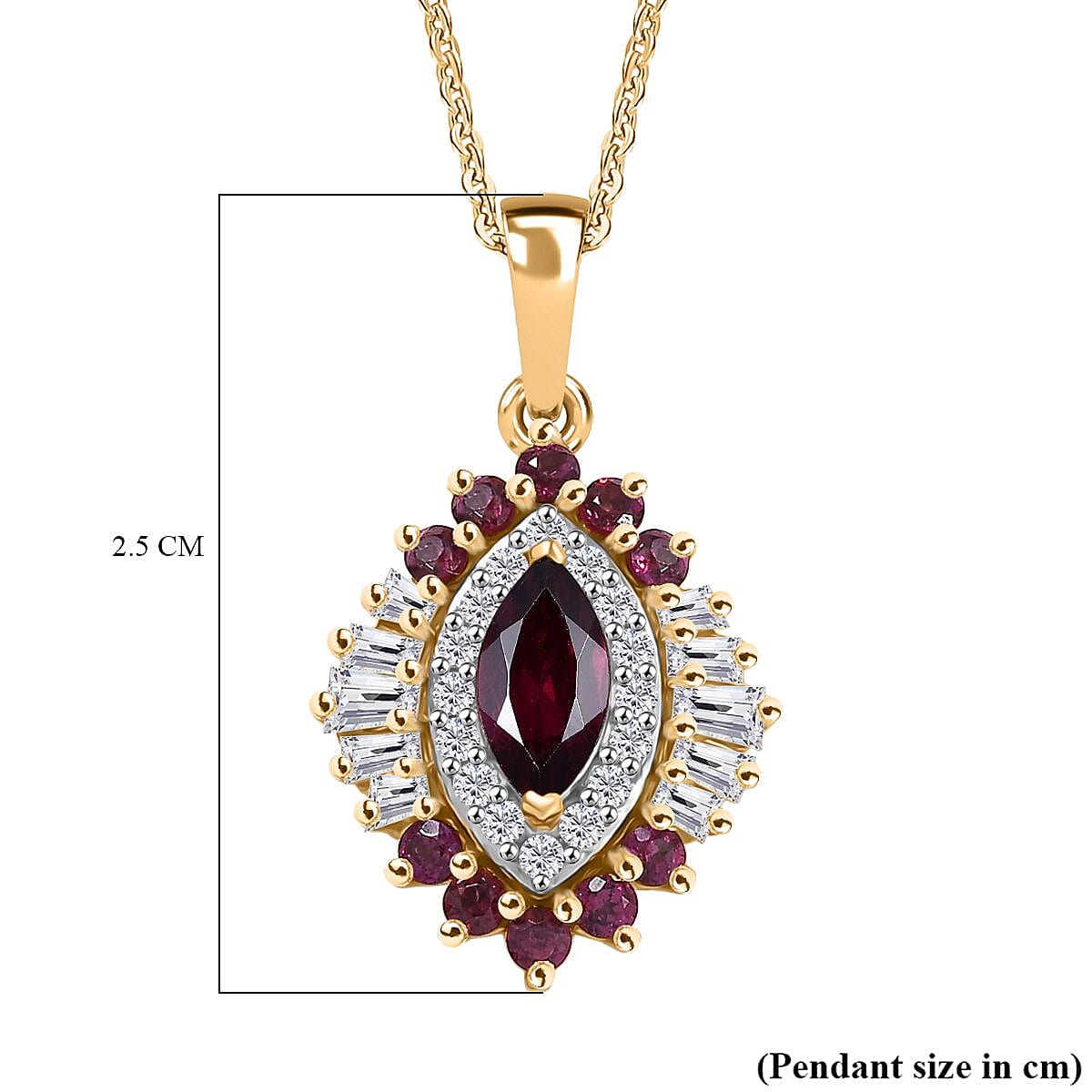 Rhodolite Garnet & Moissanite Pendant with Chain (Size 20) in 18K Vermeil Yellow Gold Plated Sterling Silver 1.77 Ct.