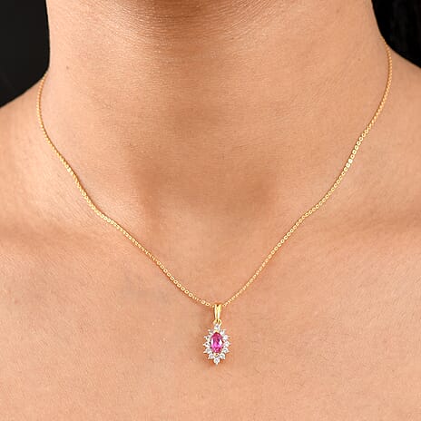 Ruby & White Zircon Pendant with Chain (Size 20) in 18K Vermeil Yellow Gold Plated Sterling Silver