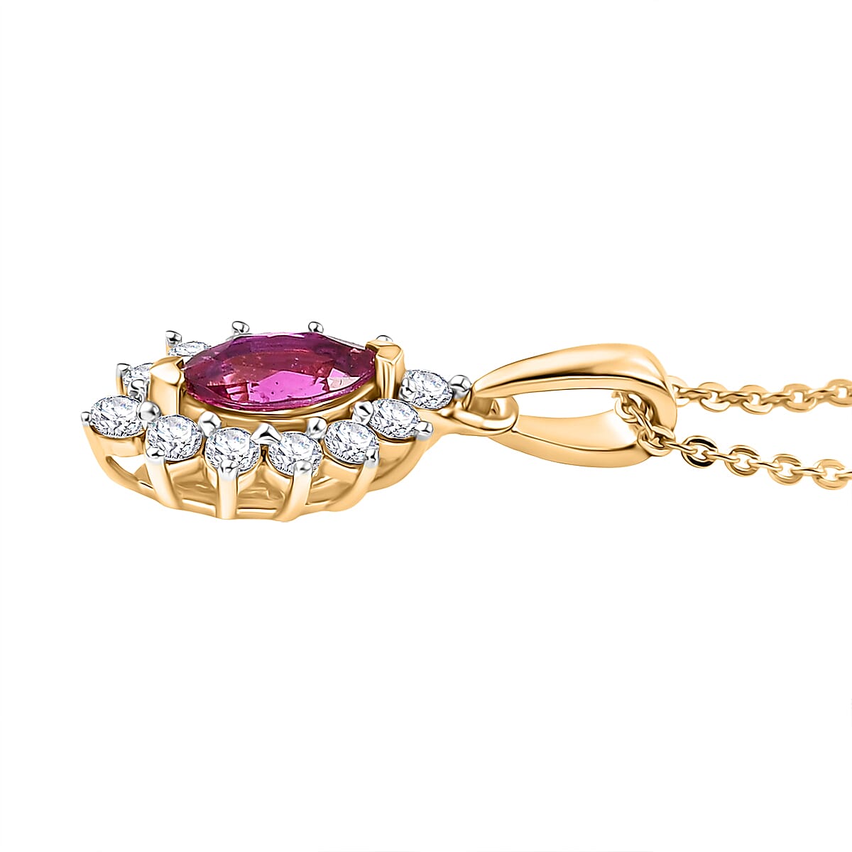 Natural Unheated Ruby & White Zircon Pendant with Chain (Size 20) in 18K Vermeil Yellow Gold Plated Sterling Silver