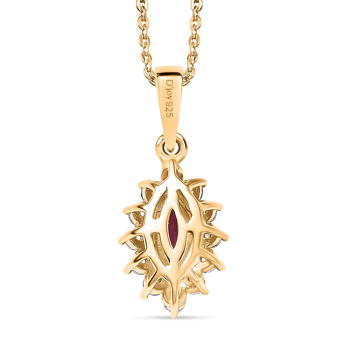Natural Unheated Ruby & White Zircon Pendant with Chain (Size 20) in 18K Vermeil Yellow Gold Plated Sterling Silver