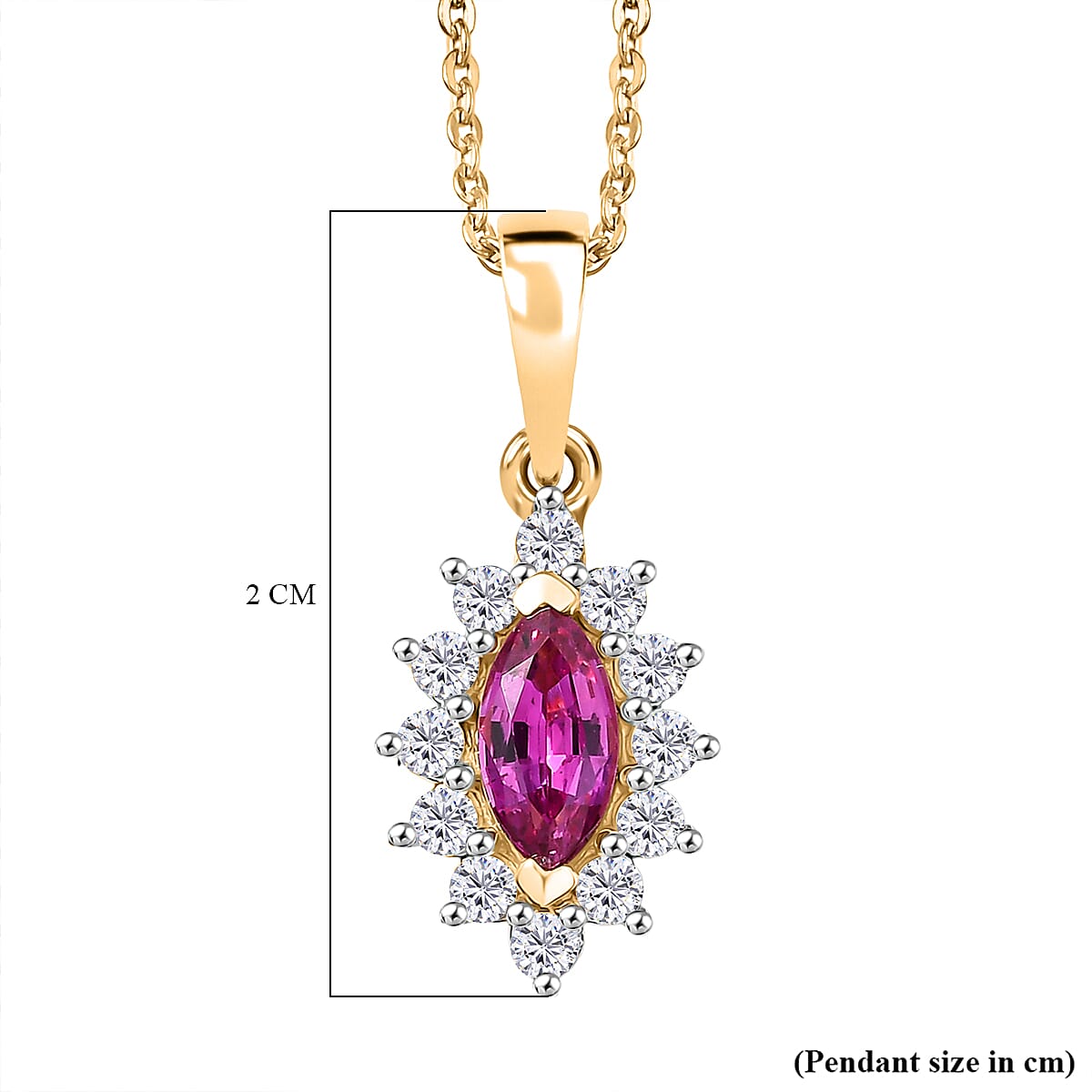 Natural Unheated Ruby & White Zircon Pendant with Chain (Size 20) in 18K Vermeil Yellow Gold Plated Sterling Silver
