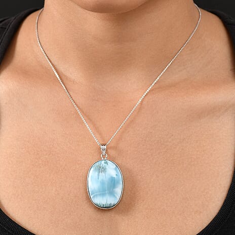 OCEAN'S GLOW - Larimar Pendant with Chain (Size 20) in Rhodium Overlay Sterling Silver 50.00 Ct, Silver Wt. 7.75 Gms.