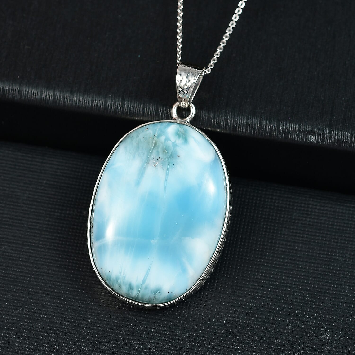 OCEAN'S GLOW - Larimar Pendant with Chain (Size 20) in Rhodium Overlay Sterling Silver 50.00 Ct, Silver Wt. 7.75 Gms.