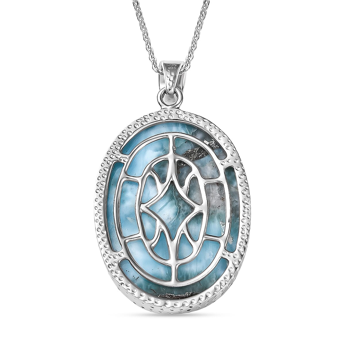 OCEAN'S GLOW - Larimar Pendant with Chain (Size 20) in Rhodium Overlay Sterling Silver 50.00 Ct, Silver Wt. 7.75 Gms.