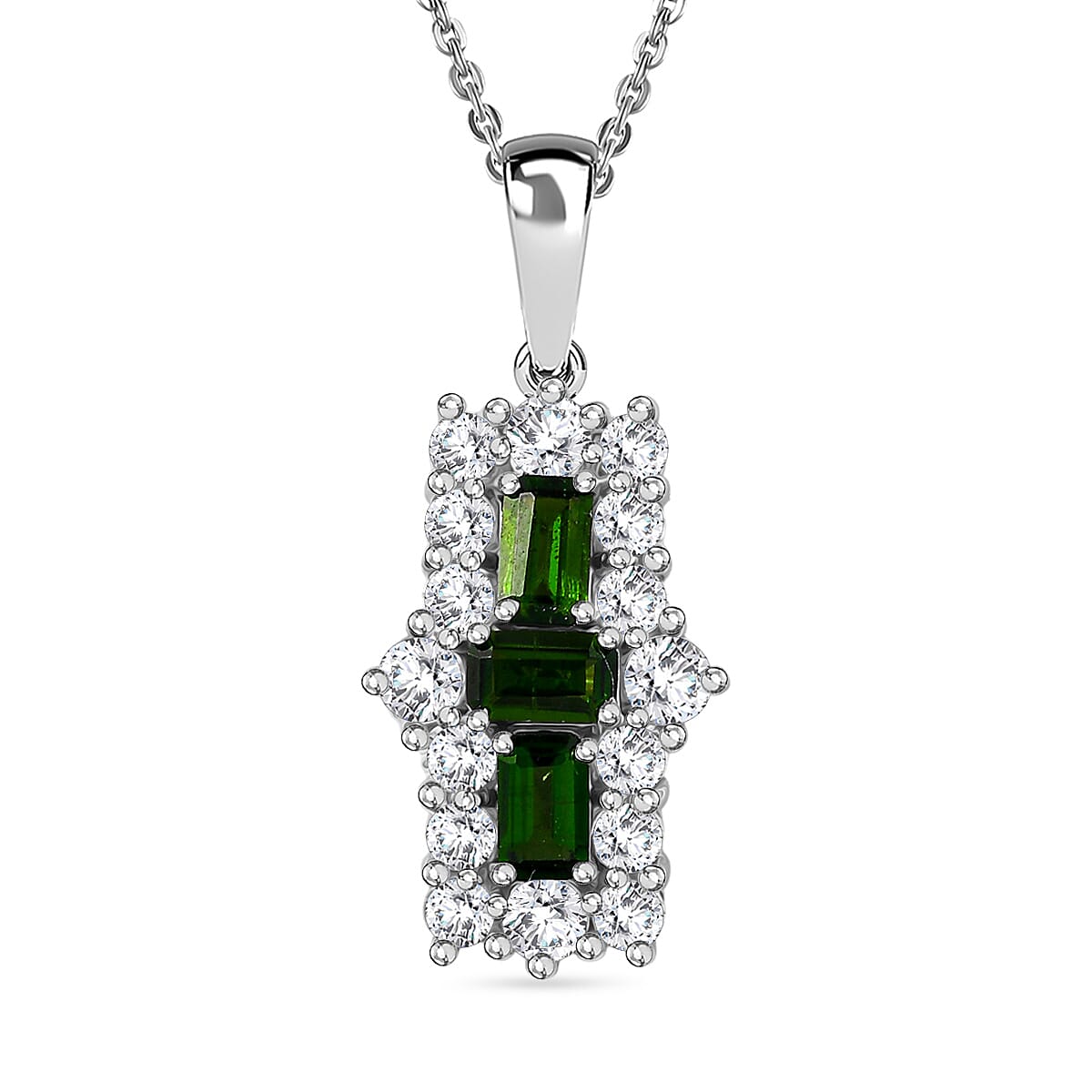 Natural Chrome Diopside & White Zircon Boat Pendant with Chain (Size 20) in Platinum Overlay Sterling Silver 2.97 Ct.