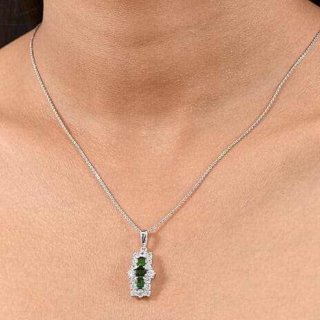 Natural Chrome Diopside & White Zircon Boat Pendant with Chain (Size 20) in Platinum Overlay Sterling Silver 2.97 Ct.
