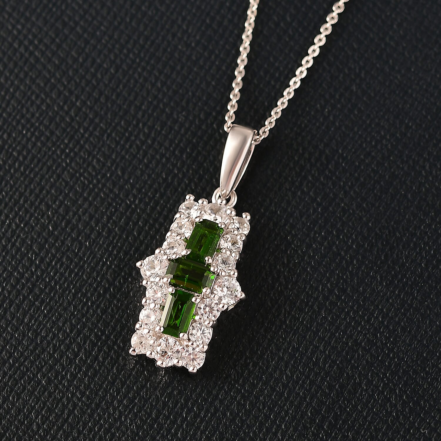 Natural Chrome Diopside & White Zircon Boat Pendant with Chain (Size 20) in Platinum Overlay Sterling Silver 2.97 Ct.
