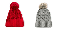 Set-of-2-Chunky-Cable-Knit-Beanie-Hat-with-Faux-Fur-Pom-Pom-Grey-and-R