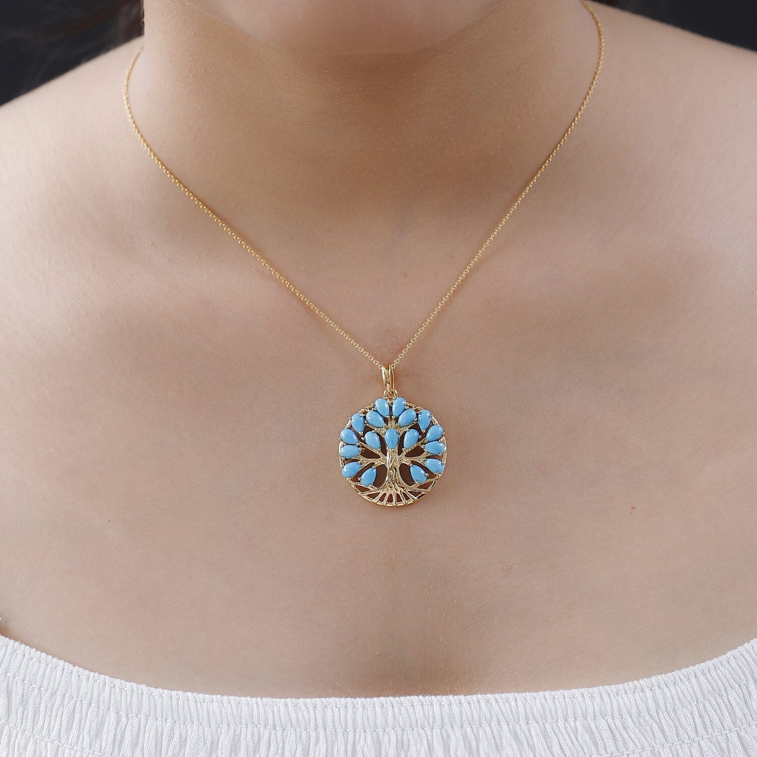 Arizona Sleeping Beauty Turquoise Tree of Life Pendant with Chain (Size 20) in 18K Vermeil Yellow Gold Plated Sterling Silver 4.09 Ct, Silver Wt. 5.56 Gms